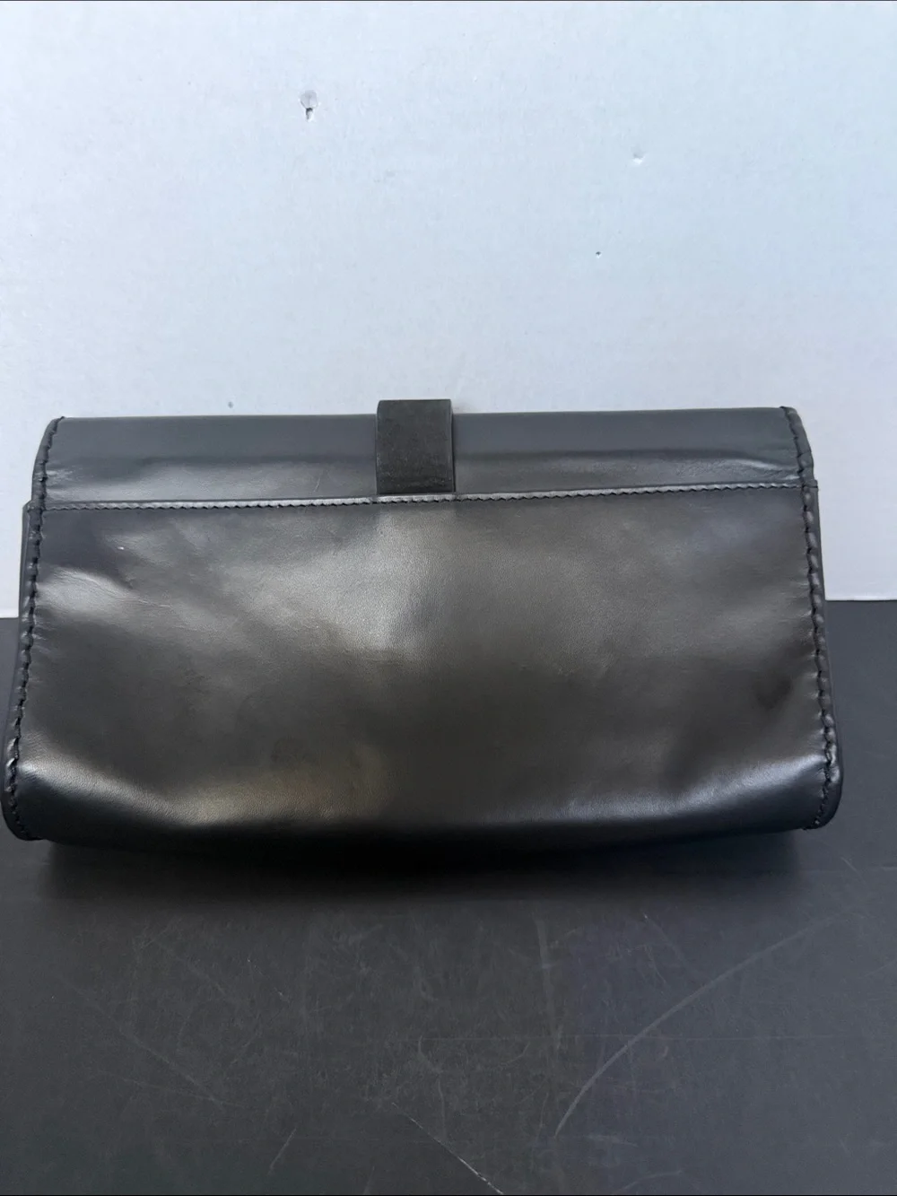 Vintage Black Leather Clutch with Stud-Accent